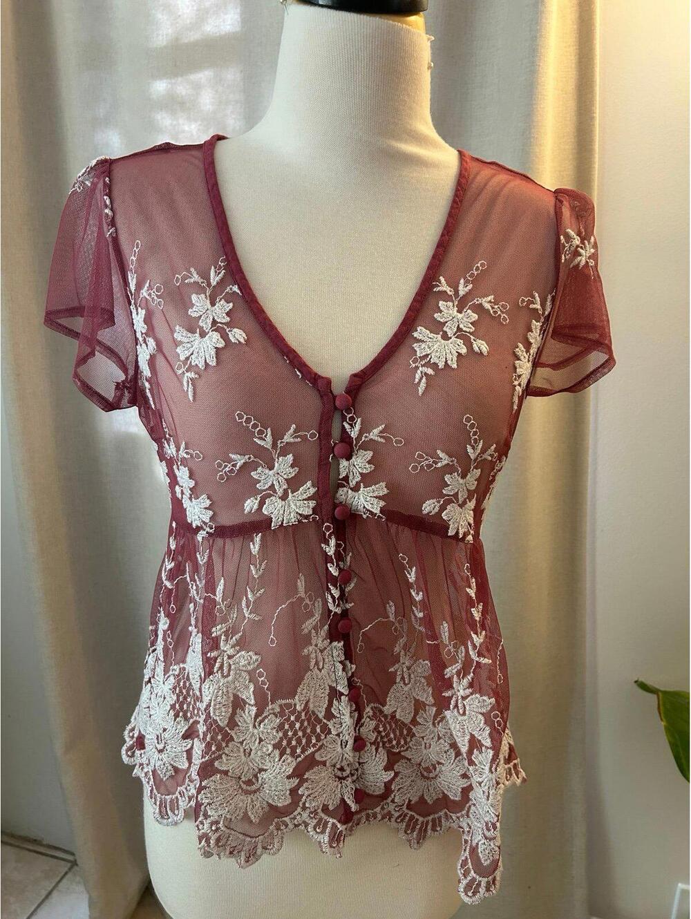 Sheer Burgundy Lace Blouse White Floral Embroidery Button Front Coquette Peplum